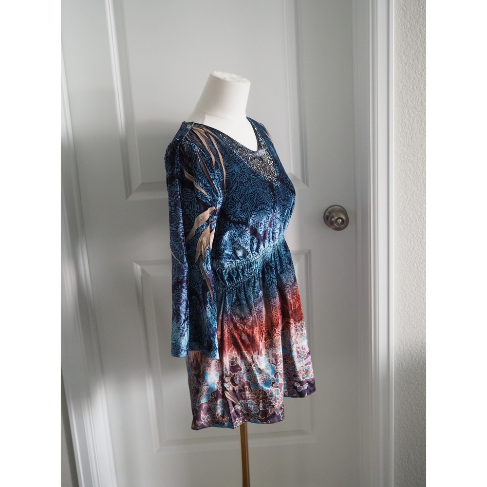One World Paisley Velvet Blue Ombre Tunic Boho Whimsigoth Small Good Embellished
